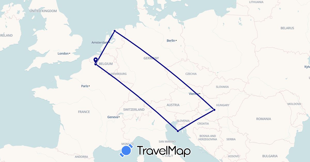 TravelMap itinerary: driving in Belgium, Croatia, Hungary, Netherlands (Europe)